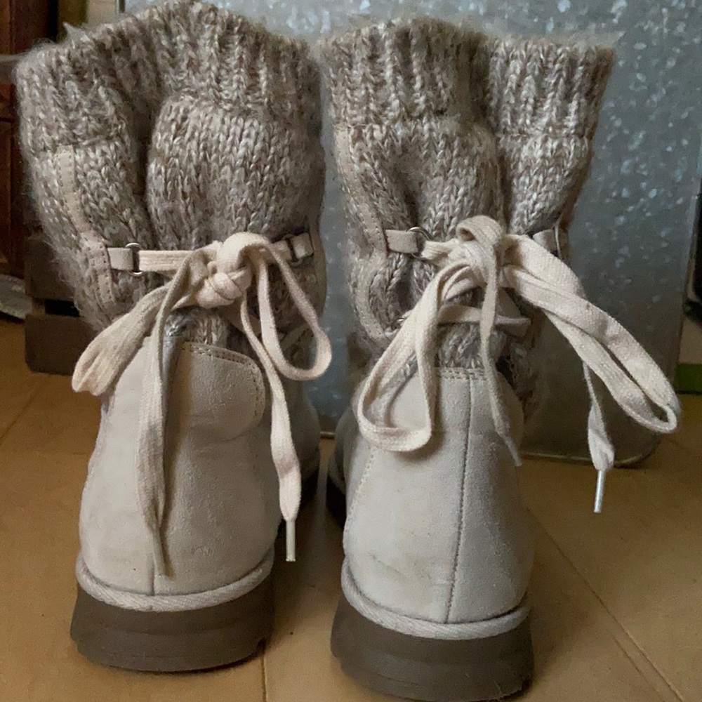 Faux suede Mossimo Supply tan/beige sweater boots with lace up in back.